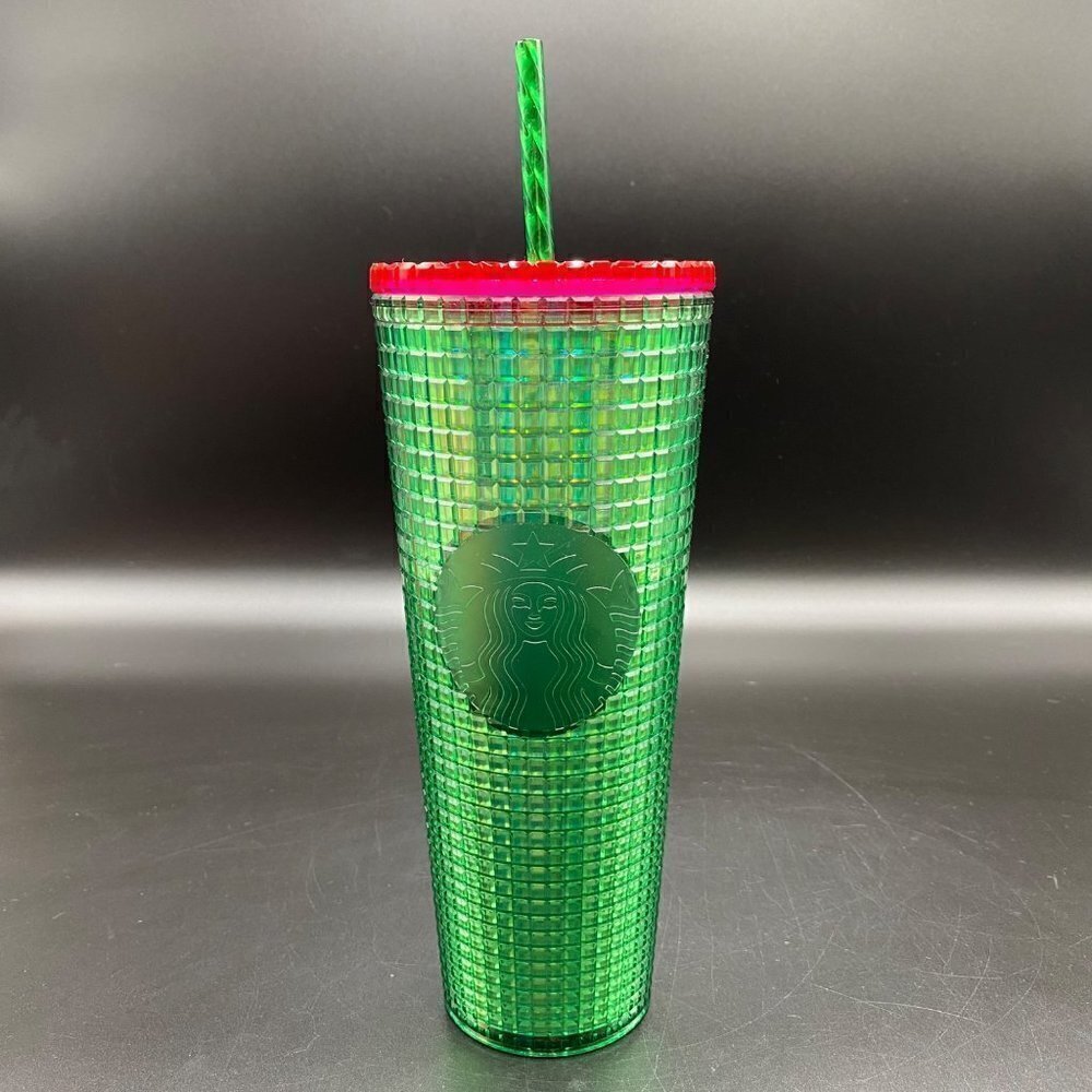 Starbucks Watermelon Grid Green with Pink Lid Iridescent Disco 24oz